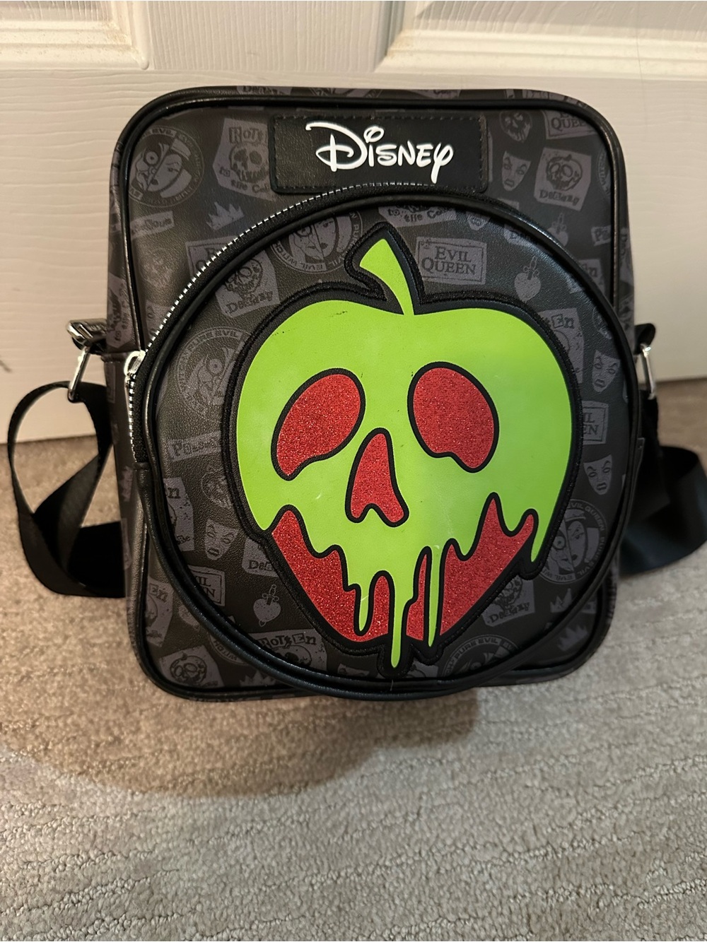 Disney Black Crossbody Bag with Green & Red Poison Apple Graphic